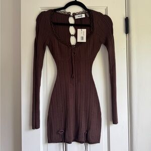 nakd long sleeve knitted dress NA-KD Green Rib Knitted Trumpet Sleeve Dress (SZ L) main image 0